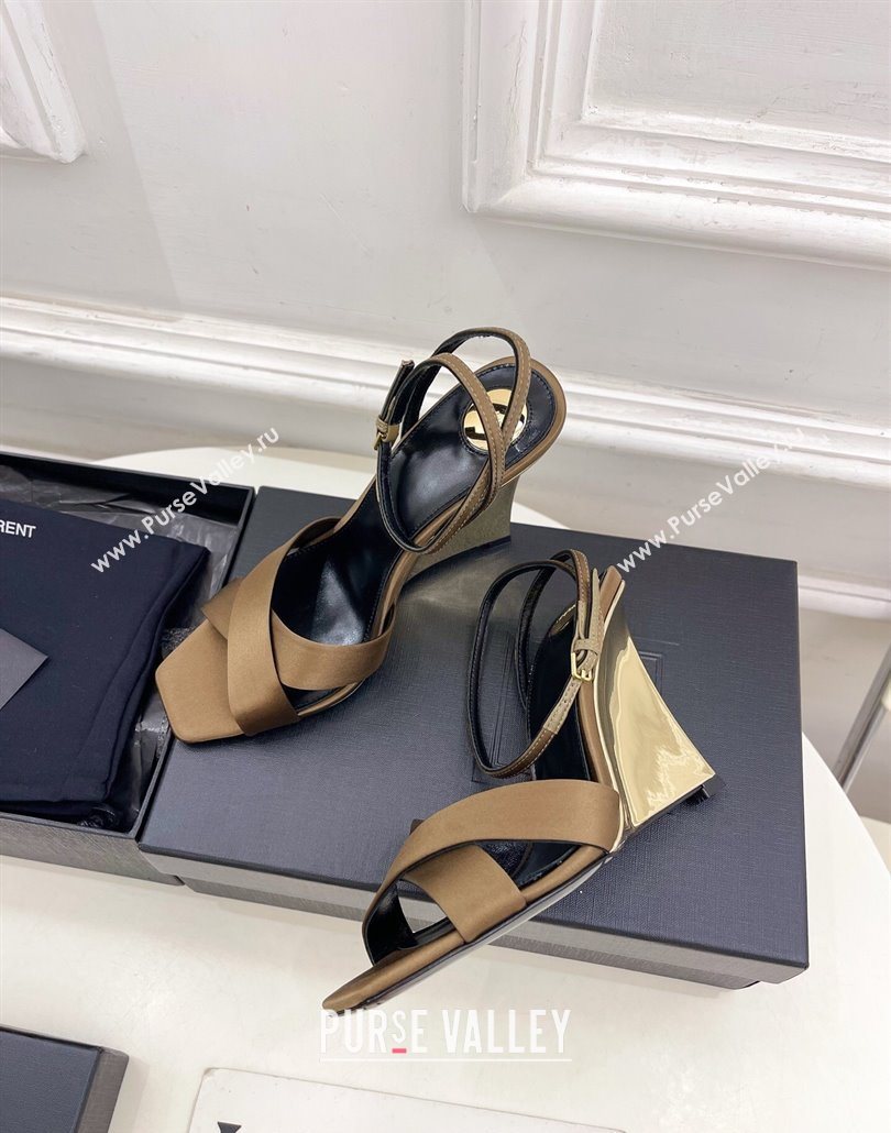Saint Laurent Lucienne Silk Wedge Sandals 10.5cm Khaki 2025 8302879 (KER-250604085)