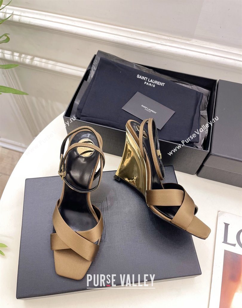 Saint Laurent Lucienne Silk Wedge Sandals 10.5cm Khaki 2025 8302879 (KER-250604085)