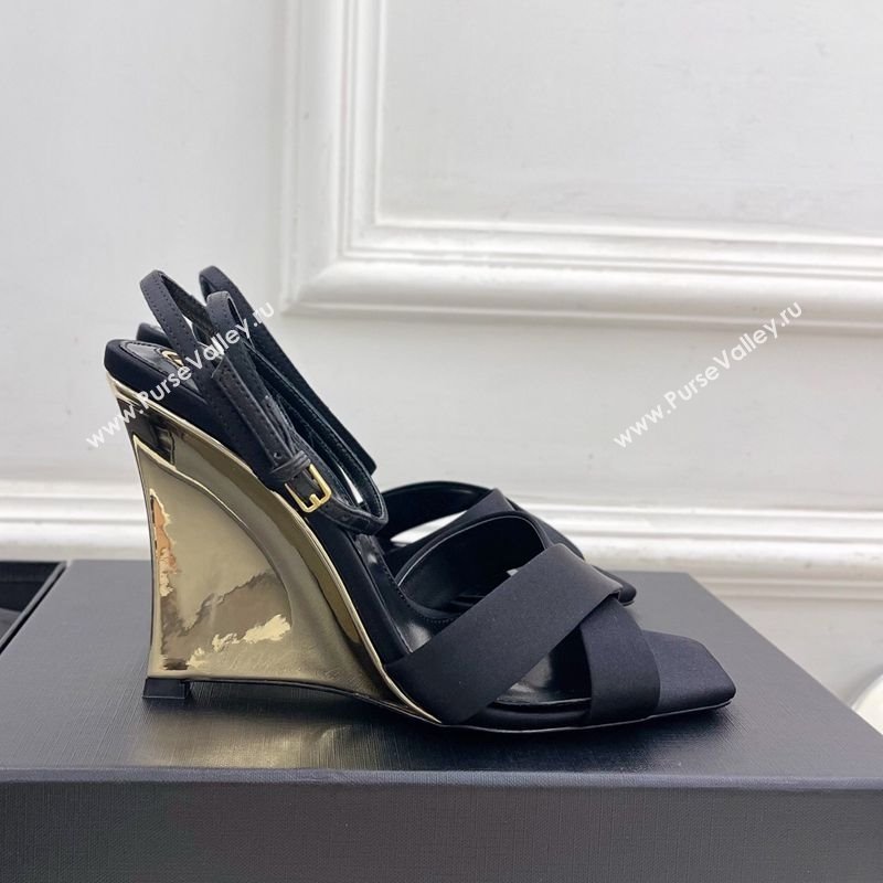 Saint Laurent Lucienne Silk Wedge Sandals 10.5cm Black 2025 8302879 (KER-250604087)