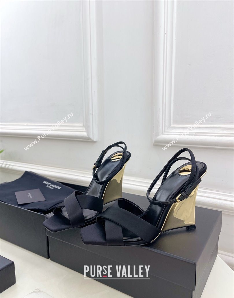 Saint Laurent Lucienne Silk Wedge Sandals 10.5cm Black 2025 8302879 (KER-250604087)
