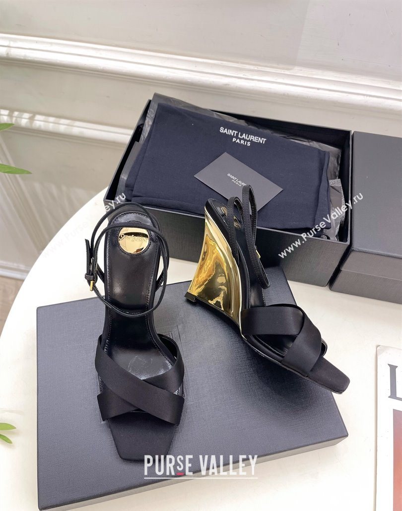 Saint Laurent Lucienne Silk Wedge Sandals 10.5cm Black 2025 8302879 (KER-250604087)