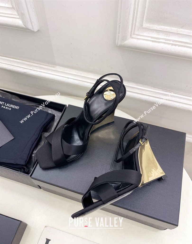 Saint Laurent Lucienne Silk Wedge Sandals 10.5cm Black 2025 8302879 (KER-250604087)