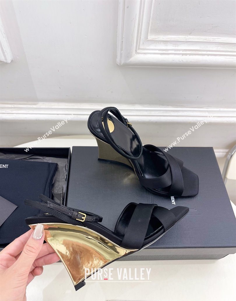 Saint Laurent Lucienne Silk Wedge Sandals 10.5cm Black 2025 8302879 (KER-250604087)