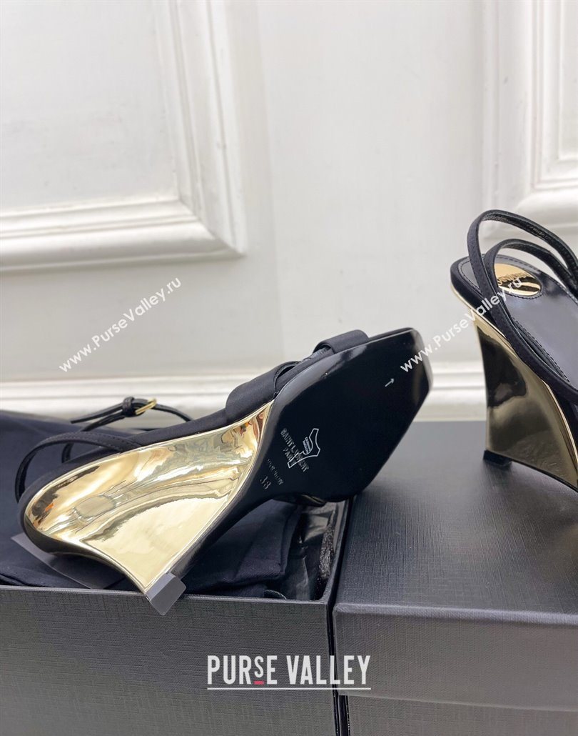 Saint Laurent Lucienne Silk Wedge Sandals 10.5cm Black 2025 8302879 (KER-250604087)