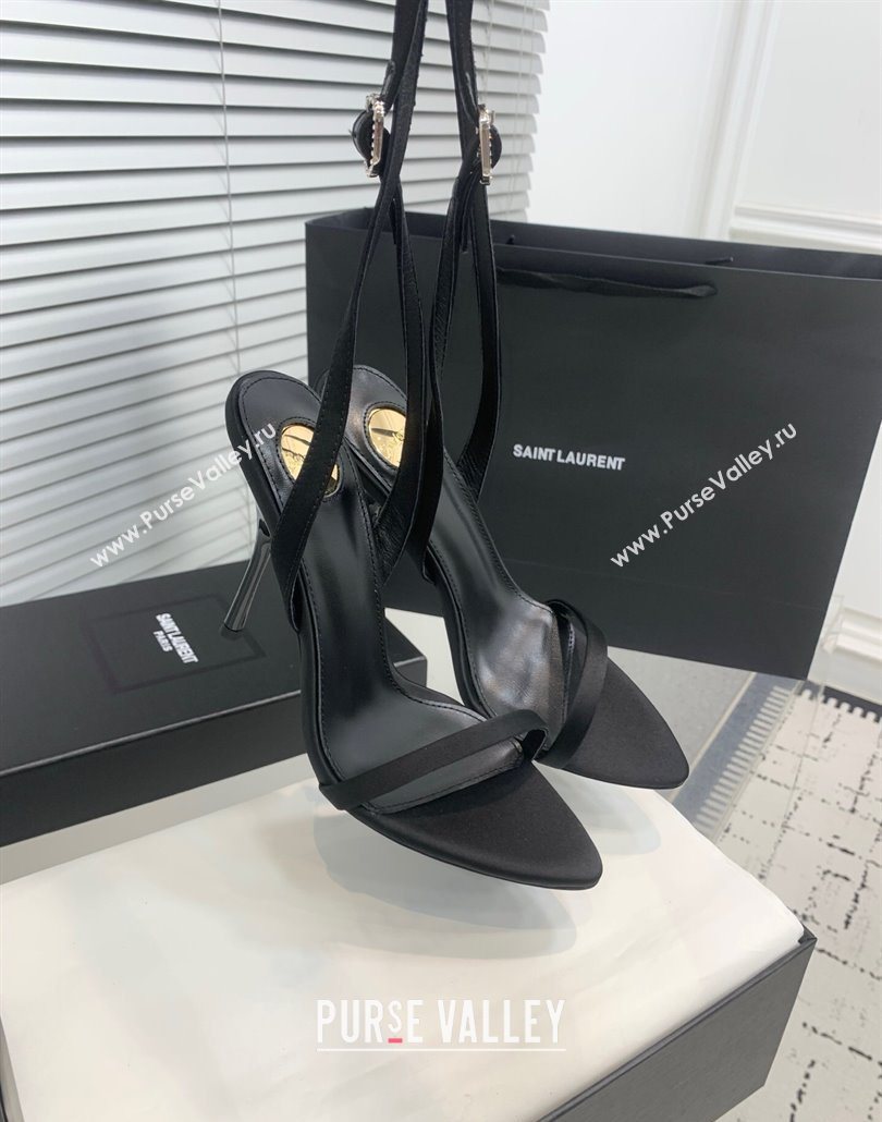 Saint Laurent Silk High Heel Sandals 10.5cm with Ankle Strap Black 2025 YSL060401 (KER-250604074)