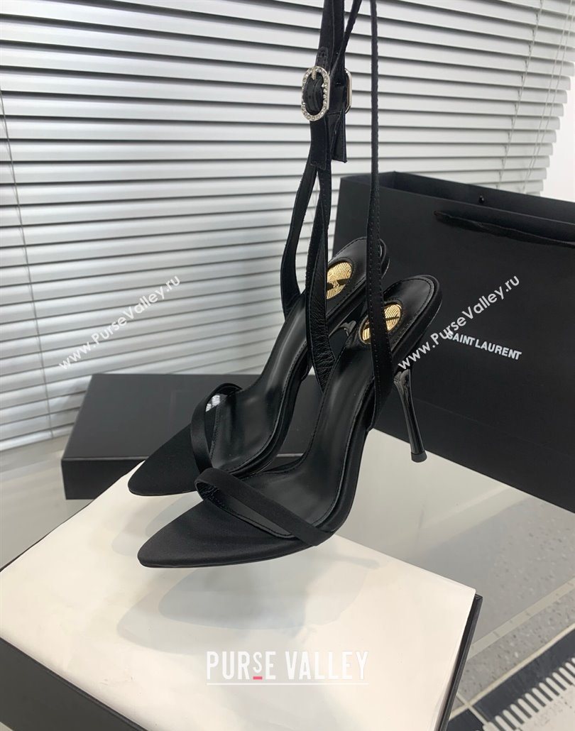 Saint Laurent Silk High Heel Sandals 10.5cm with Ankle Strap Black 2025 YSL060401 (KER-250604074)