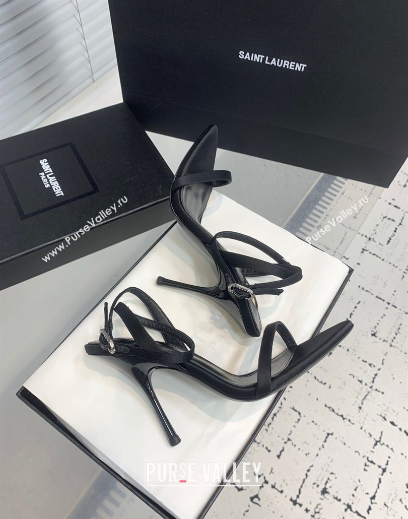 Saint Laurent Silk High Heel Sandals 10.5cm with Ankle Strap Black 2025 YSL060401 (KER-250604074)