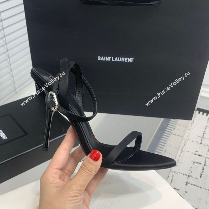 Saint Laurent Silk High Heel Sandals 10.5cm with Ankle Strap Black 2025 YSL060401 (KER-250604074)