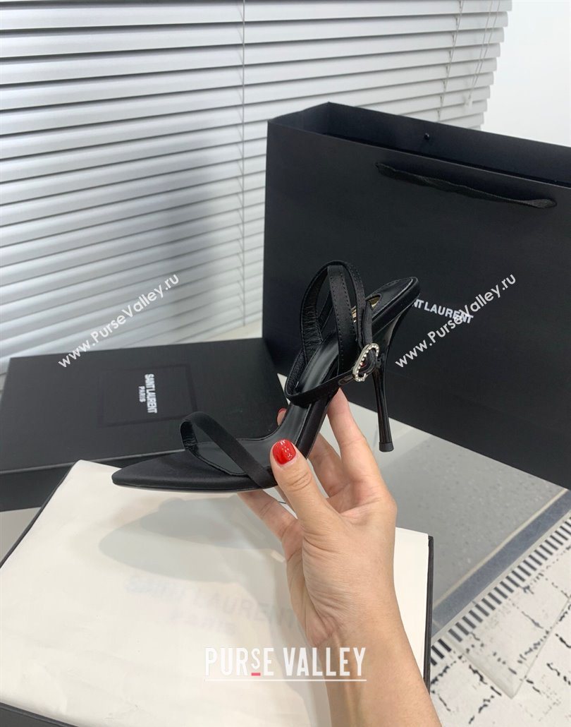Saint Laurent Silk High Heel Sandals 10.5cm with Ankle Strap Black 2025 YSL060401 (KER-250604074)