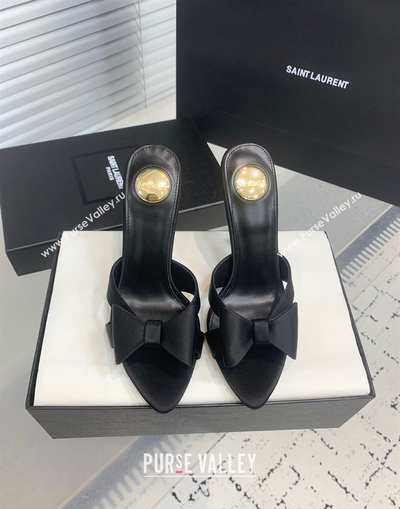 Saint Laurent Silk High Heel Slides Sandal 10.5cm with Bow Black 2025 YSL060402 (KER-250604079)