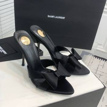 Saint Laurent Silk High Heel Slides Sandal 10.5cm with Bow Black 2025 YSL060402 (KER-250604079)