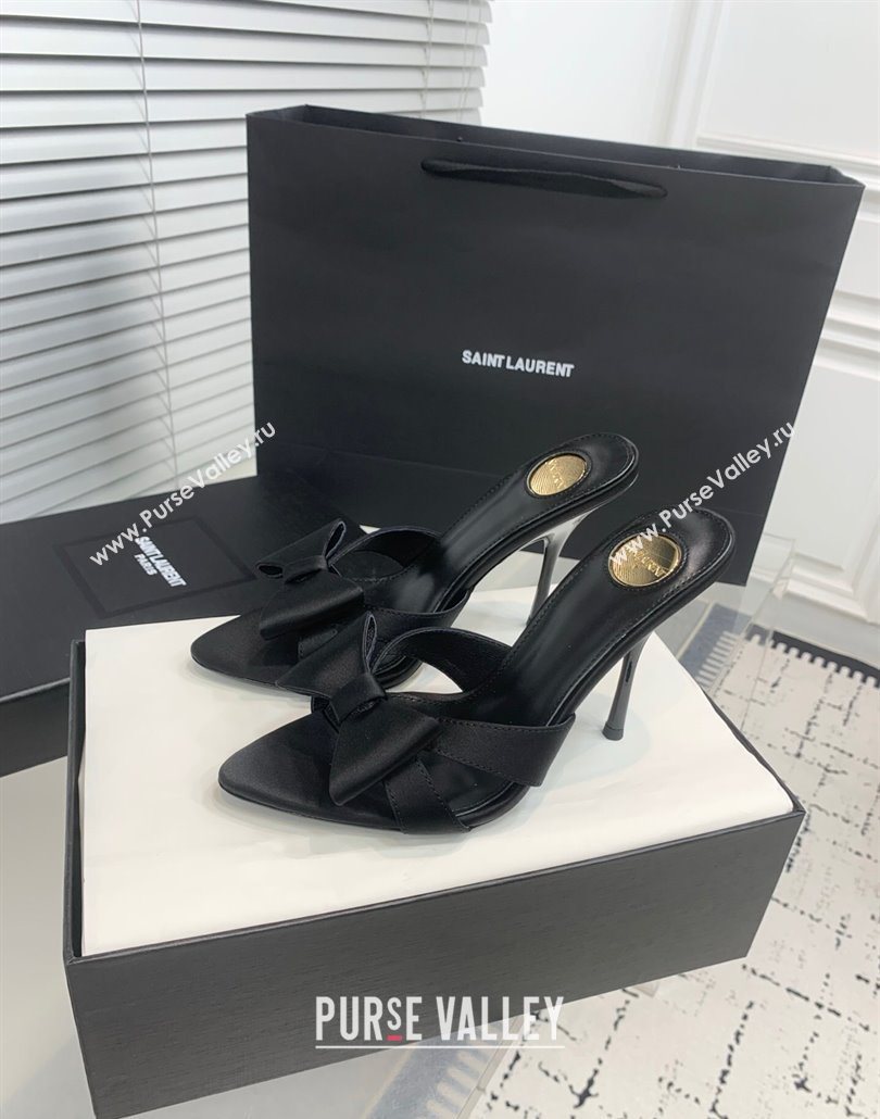 Saint Laurent Silk High Heel Slides Sandal 10.5cm with Bow Black 2025 YSL060402 (KER-250604079)