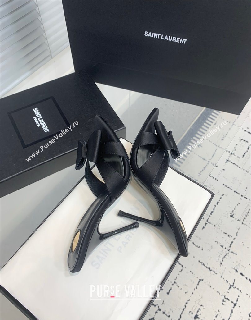 Saint Laurent Silk High Heel Slides Sandal 10.5cm with Bow Black 2025 YSL060402 (KER-250604079)