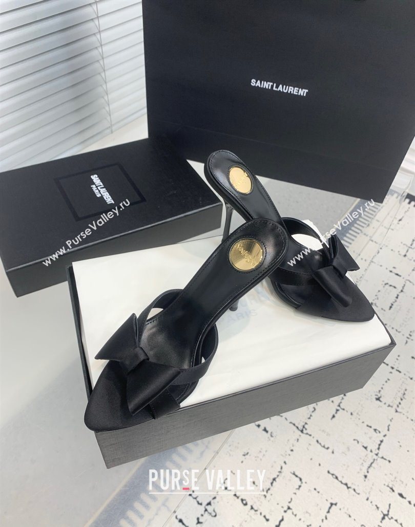 Saint Laurent Silk High Heel Slides Sandal 10.5cm with Bow Black 2025 YSL060402 (KER-250604079)