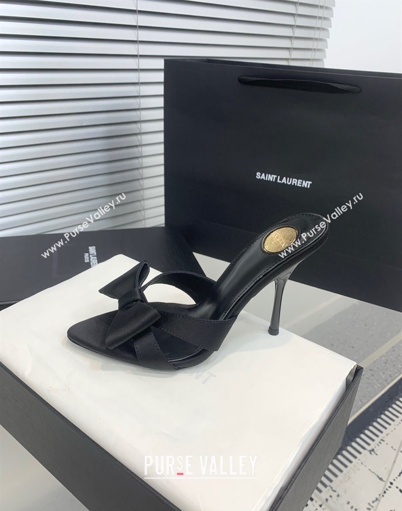 Saint Laurent Silk High Heel Slides Sandal 10.5cm with Bow Black 2025 YSL060402 (KER-250604079)
