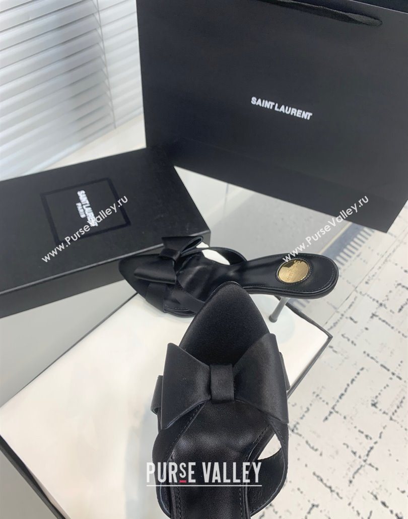 Saint Laurent Silk High Heel Slides Sandal 10.5cm with Bow Black 2025 YSL060402 (KER-250604079)