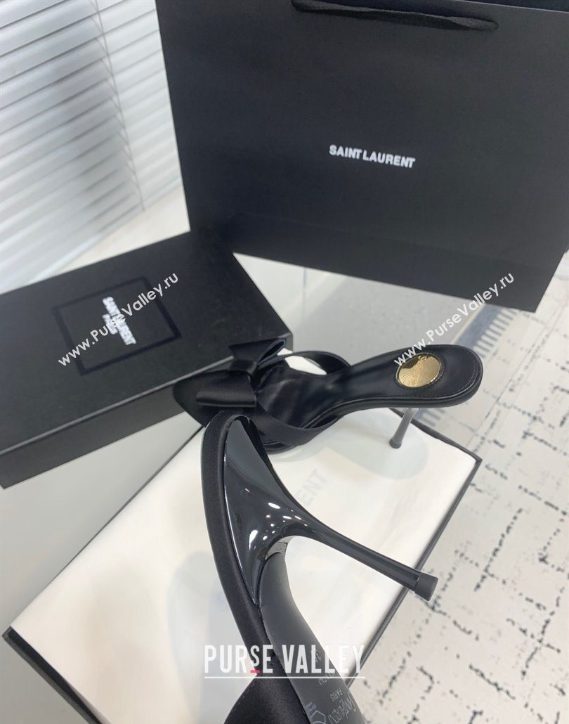 Saint Laurent Silk High Heel Slides Sandal 10.5cm with Bow Black 2025 YSL060402 (KER-250604079)