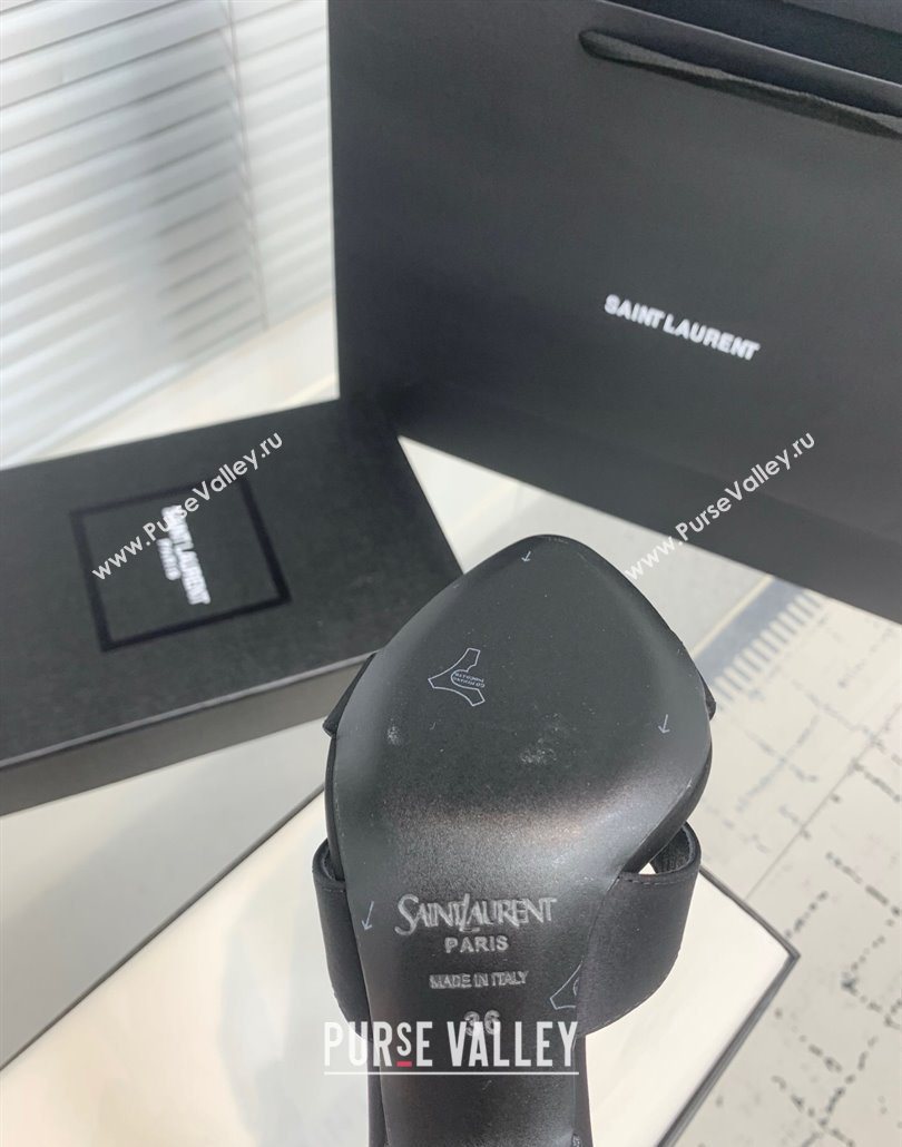 Saint Laurent Silk High Heel Slides Sandal 10.5cm with Bow Black 2025 YSL060402 (KER-250604079)