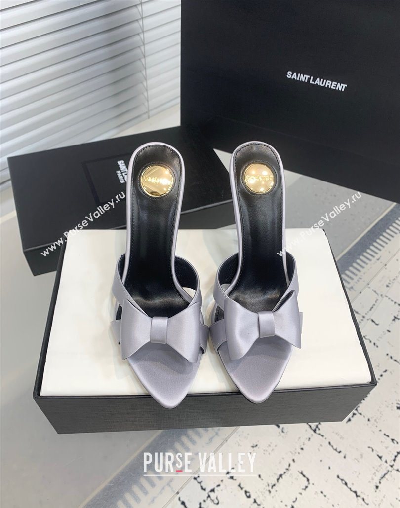 Saint Laurent Silk High Heel Slides Sandal 10.5cm with Bow Grey 2025 YSL060402 (KER-250604080)