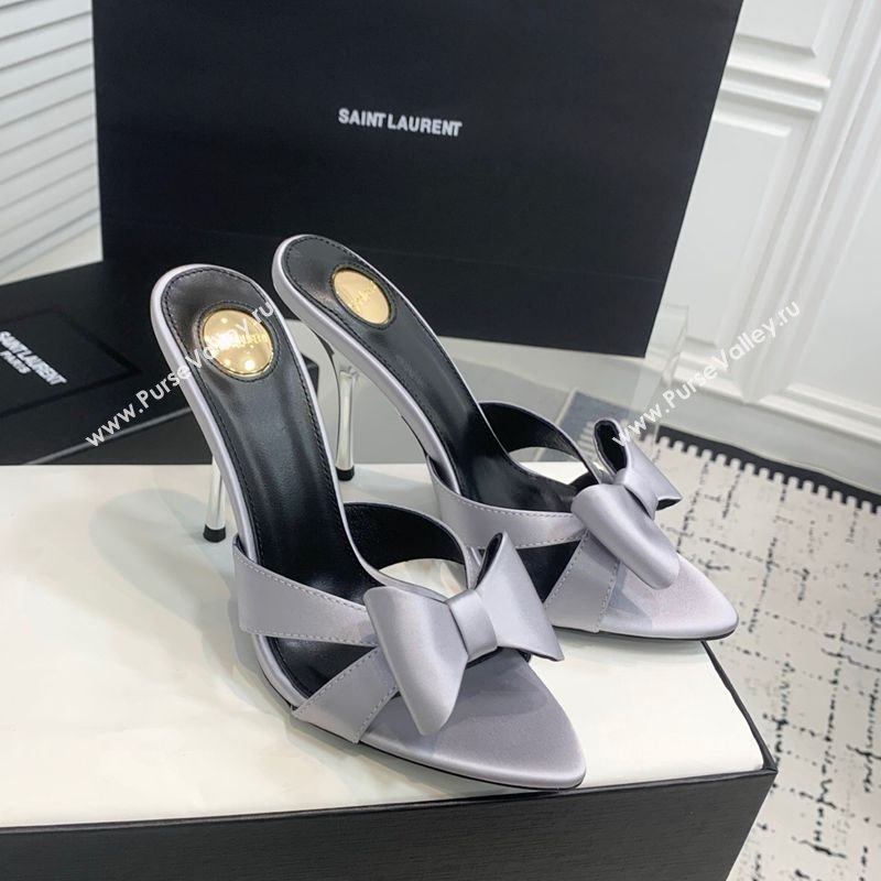 Saint Laurent Silk High Heel Slides Sandal 10.5cm with Bow Grey 2025 YSL060402 (KER-250604080)