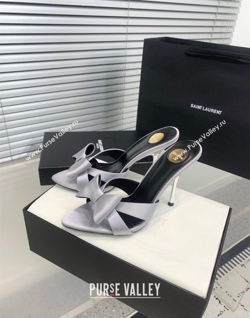 Saint Laurent Silk High Heel Slides Sandal 10.5cm with Bow Grey 2025 YSL060402 (KER-250604080)
