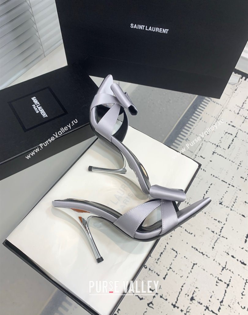 Saint Laurent Silk High Heel Slides Sandal 10.5cm with Bow Grey 2025 YSL060402 (KER-250604080)