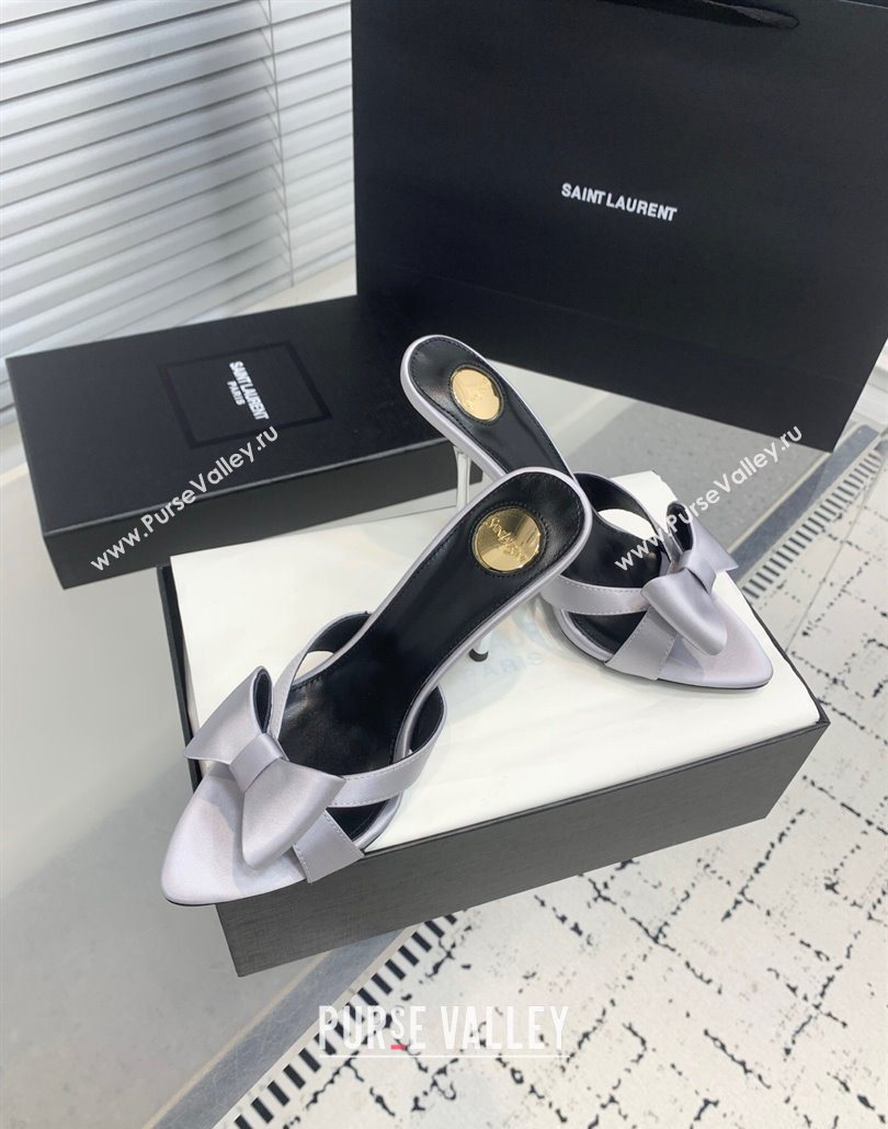 Saint Laurent Silk High Heel Slides Sandal 10.5cm with Bow Grey 2025 YSL060402 (KER-250604080)