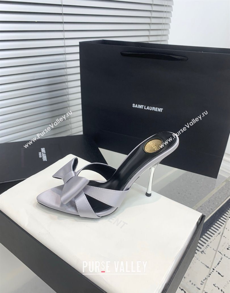 Saint Laurent Silk High Heel Slides Sandal 10.5cm with Bow Grey 2025 YSL060402 (KER-250604080)