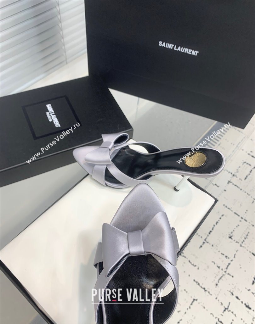 Saint Laurent Silk High Heel Slides Sandal 10.5cm with Bow Grey 2025 YSL060402 (KER-250604080)