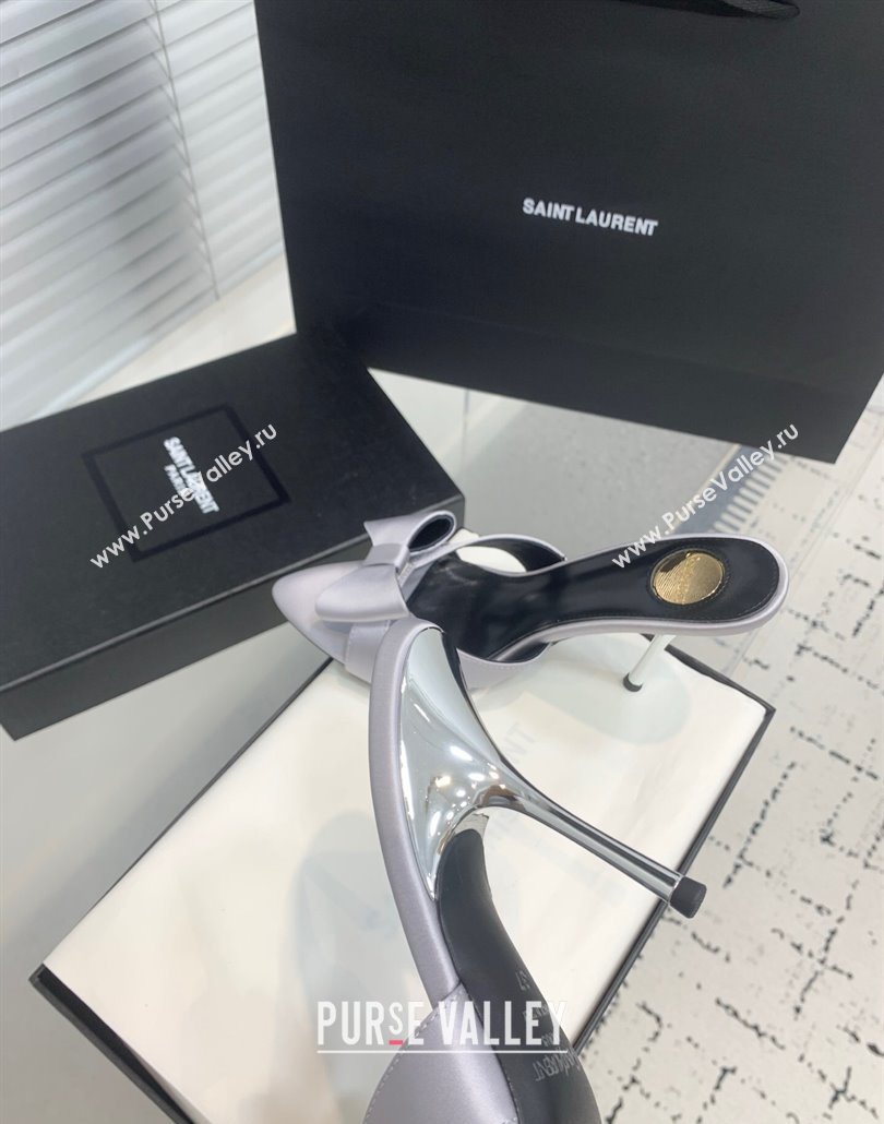 Saint Laurent Silk High Heel Slides Sandal 10.5cm with Bow Grey 2025 YSL060402 (KER-250604080)