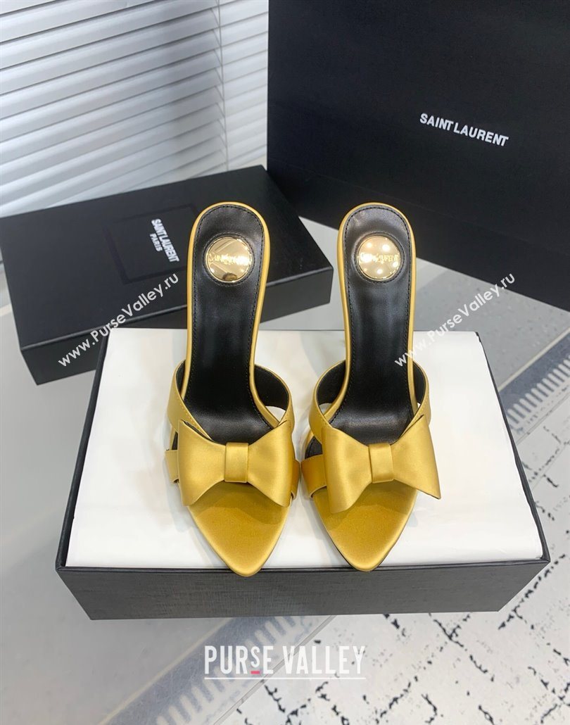 Saint Laurent Silk High Heel Slides Sandal 10.5cm with Bow Yellow 2025 YSL060402 (KER-250604081)