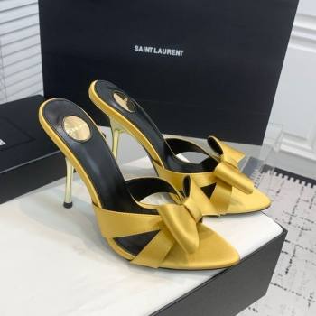 Saint Laurent Silk High Heel Slides Sandal 10.5cm with Bow Yellow 2025 YSL060402 (KER-250604081)