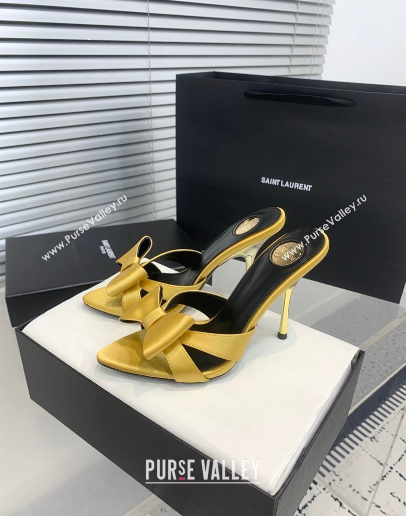 Saint Laurent Silk High Heel Slides Sandal 10.5cm with Bow Yellow 2025 YSL060402 (KER-250604081)