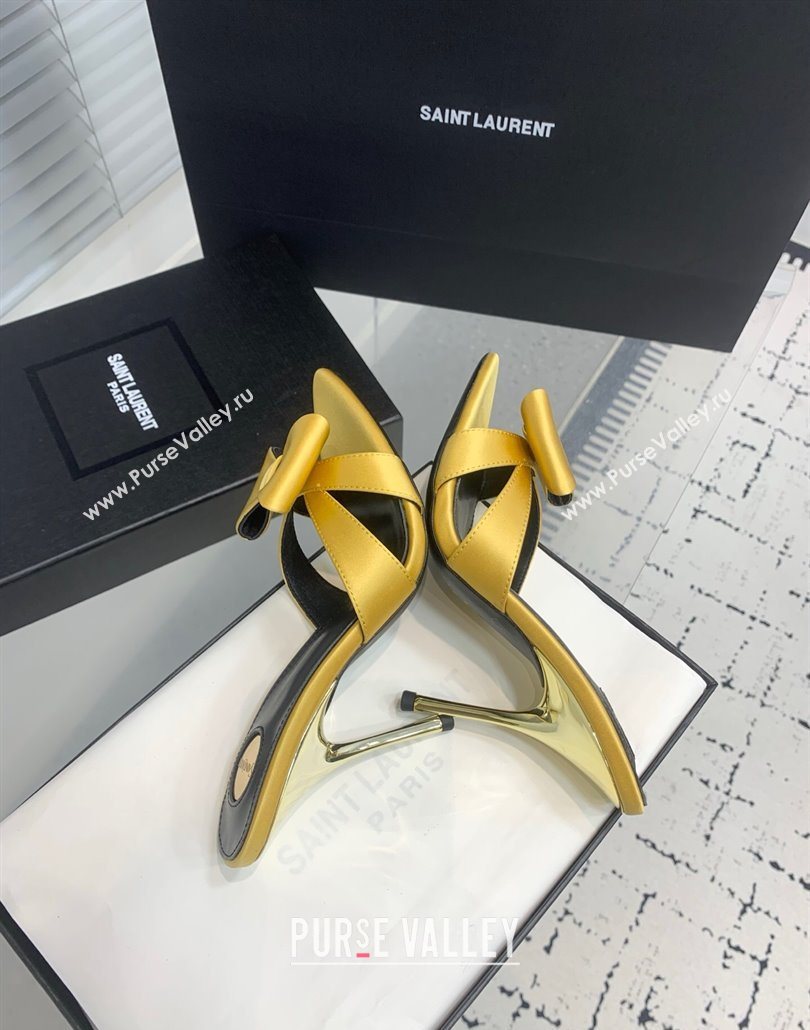 Saint Laurent Silk High Heel Slides Sandal 10.5cm with Bow Yellow 2025 YSL060402 (KER-250604081)