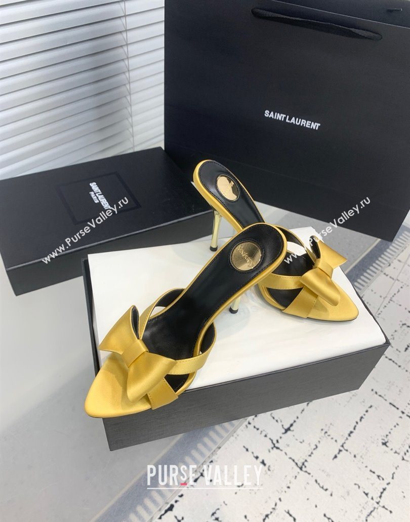 Saint Laurent Silk High Heel Slides Sandal 10.5cm with Bow Yellow 2025 YSL060402 (KER-250604081)