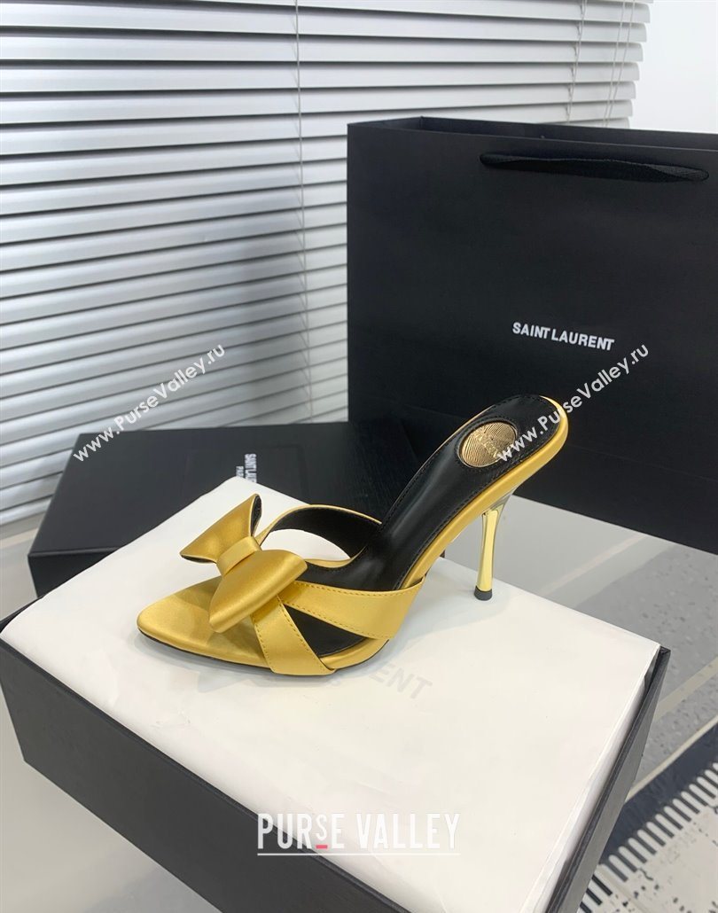 Saint Laurent Silk High Heel Slides Sandal 10.5cm with Bow Yellow 2025 YSL060402 (KER-250604081)
