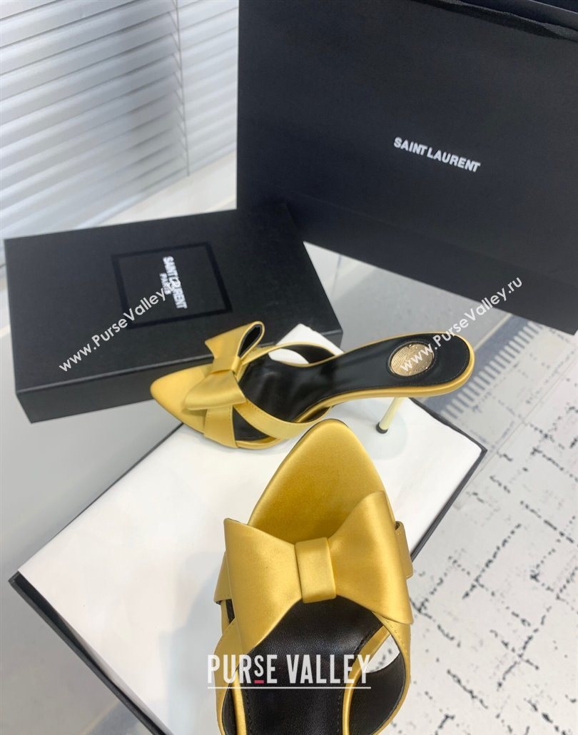 Saint Laurent Silk High Heel Slides Sandal 10.5cm with Bow Yellow 2025 YSL060402 (KER-250604081)