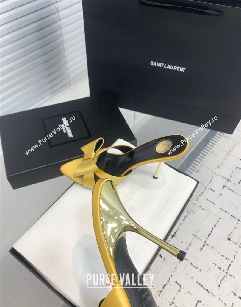 Saint Laurent Silk High Heel Slides Sandal 10.5cm with Bow Yellow 2025 YSL060402 (KER-250604081)