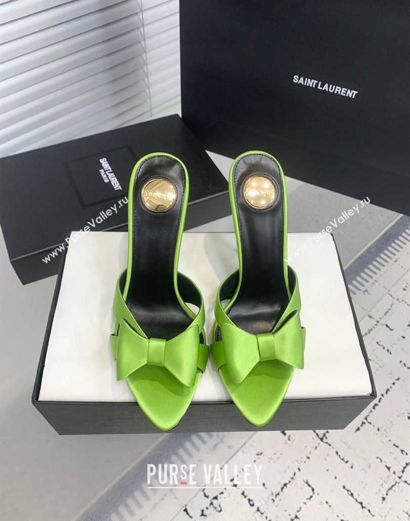 Saint Laurent Silk High Heel Slides Sandal 10.5cm with Bow Green 2025 YSL060402 (KER-250604082)