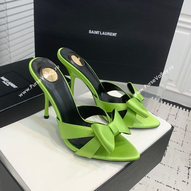 Saint Laurent Silk High Heel Slides Sandal 10.5cm with Bow Green 2025 YSL060402 (KER-250604082)