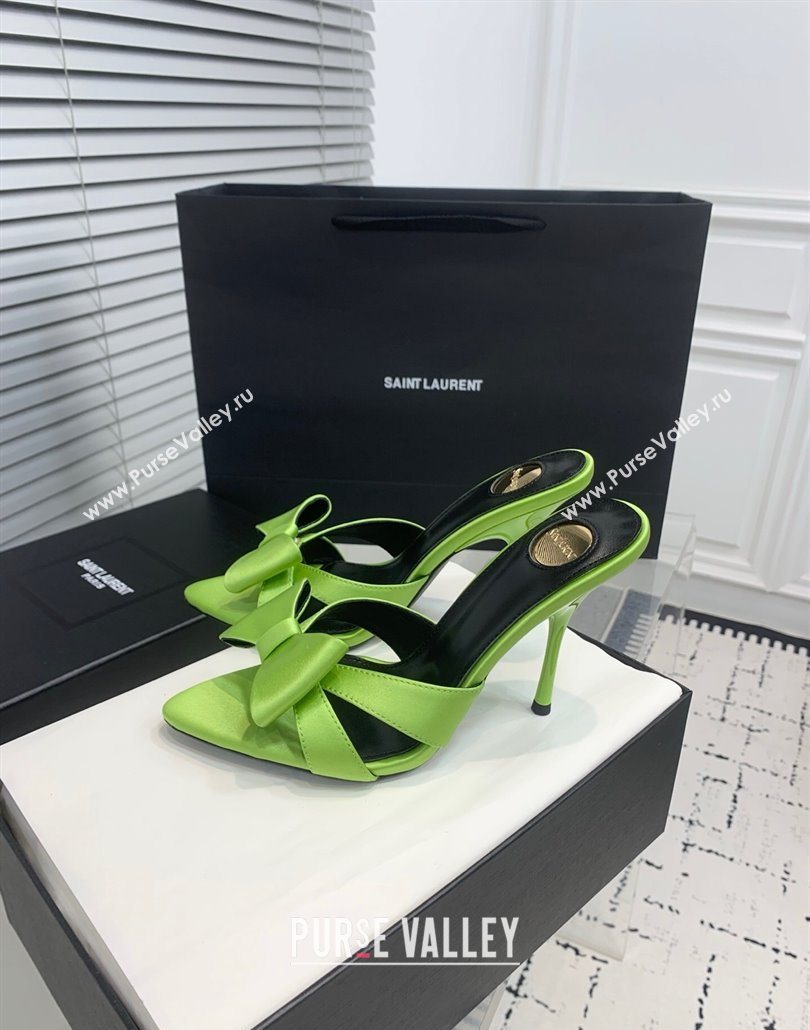 Saint Laurent Silk High Heel Slides Sandal 10.5cm with Bow Green 2025 YSL060402 (KER-250604082)