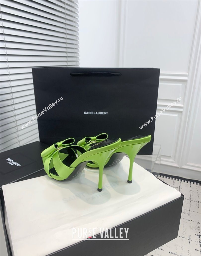Saint Laurent Silk High Heel Slides Sandal 10.5cm with Bow Green 2025 YSL060402 (KER-250604082)