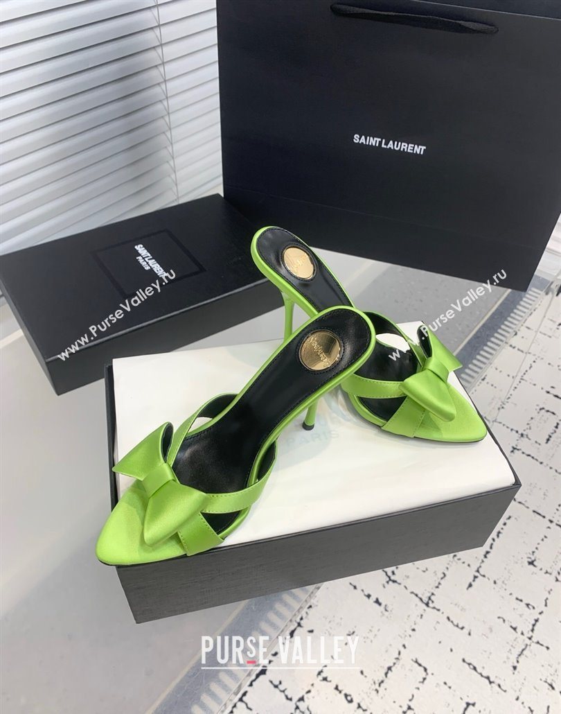Saint Laurent Silk High Heel Slides Sandal 10.5cm with Bow Green 2025 YSL060402 (KER-250604082)