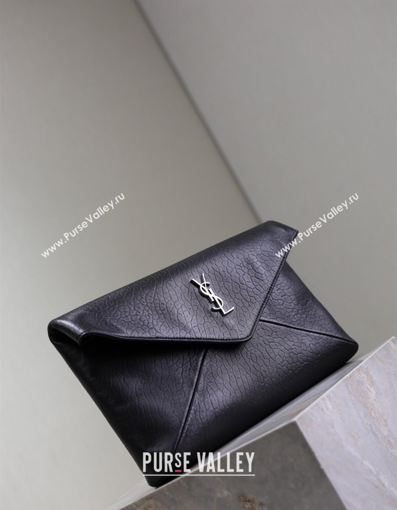 Saint Laurent Cassandre Large Envelope Pouch in Embossed Lambskin Black/Silver 2025 769307 (YY-250625103)