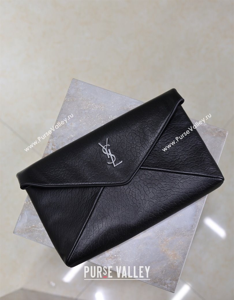 Saint Laurent Cassandre Large Envelope Pouch in Embossed Lambskin Black/Silver 2025 769307 (YY-250625103)