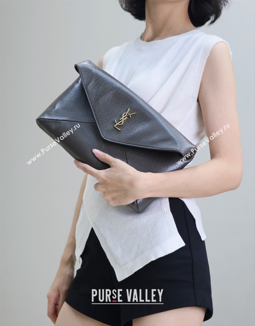 Saint Laurent Cassandre Large Envelope Pouch in Embossed Lambskin Green 2025 769307 (YY-250625106)