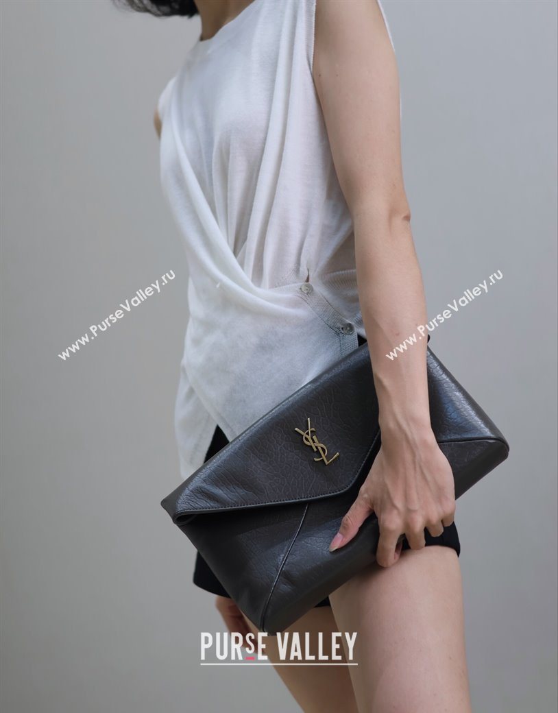 Saint Laurent Cassandre Large Envelope Pouch in Embossed Lambskin Green 2025 769307 (YY-250625106)