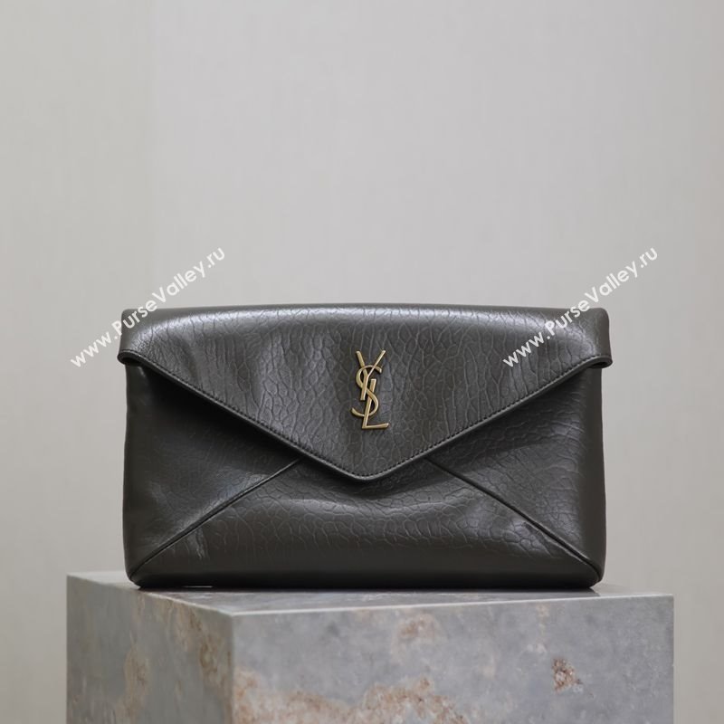 Saint Laurent Cassandre Large Envelope Pouch in Embossed Lambskin Green 2025 769307 (YY-250625106)
