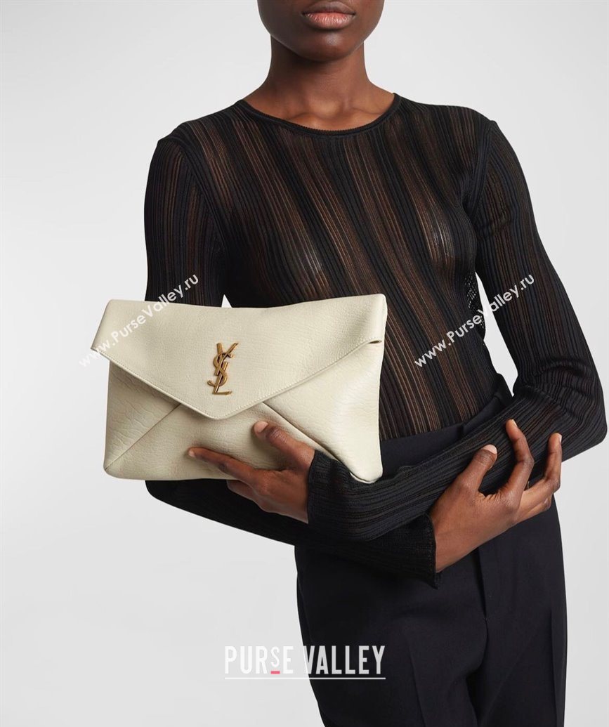 Saint Laurent Cassandre Large Envelope Pouch in Embossed Lambskin White 2025 769307 (YY-250625107)