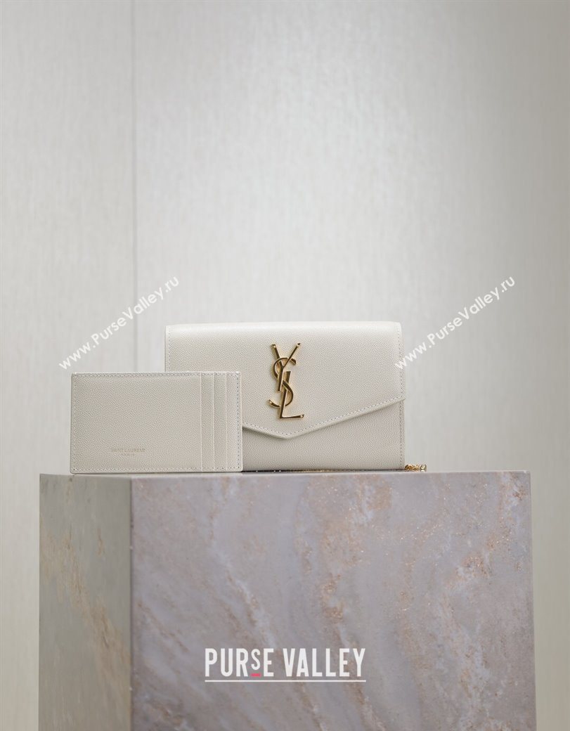 Saint Laurent Uptown Chain Wallet in Grained Leather White/Gold 2025 607788 (YY-250625108)